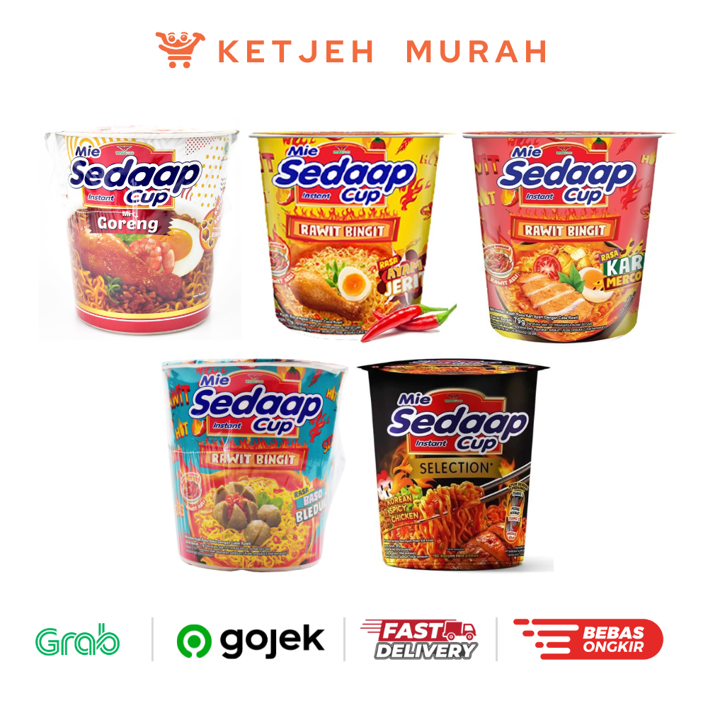 

Sedaap Cup Rasa Mie Goreng / Rawit Bingit Ayam Jerit / Korean Spicy Chicken / Baso Bleduk / Kari Mercon