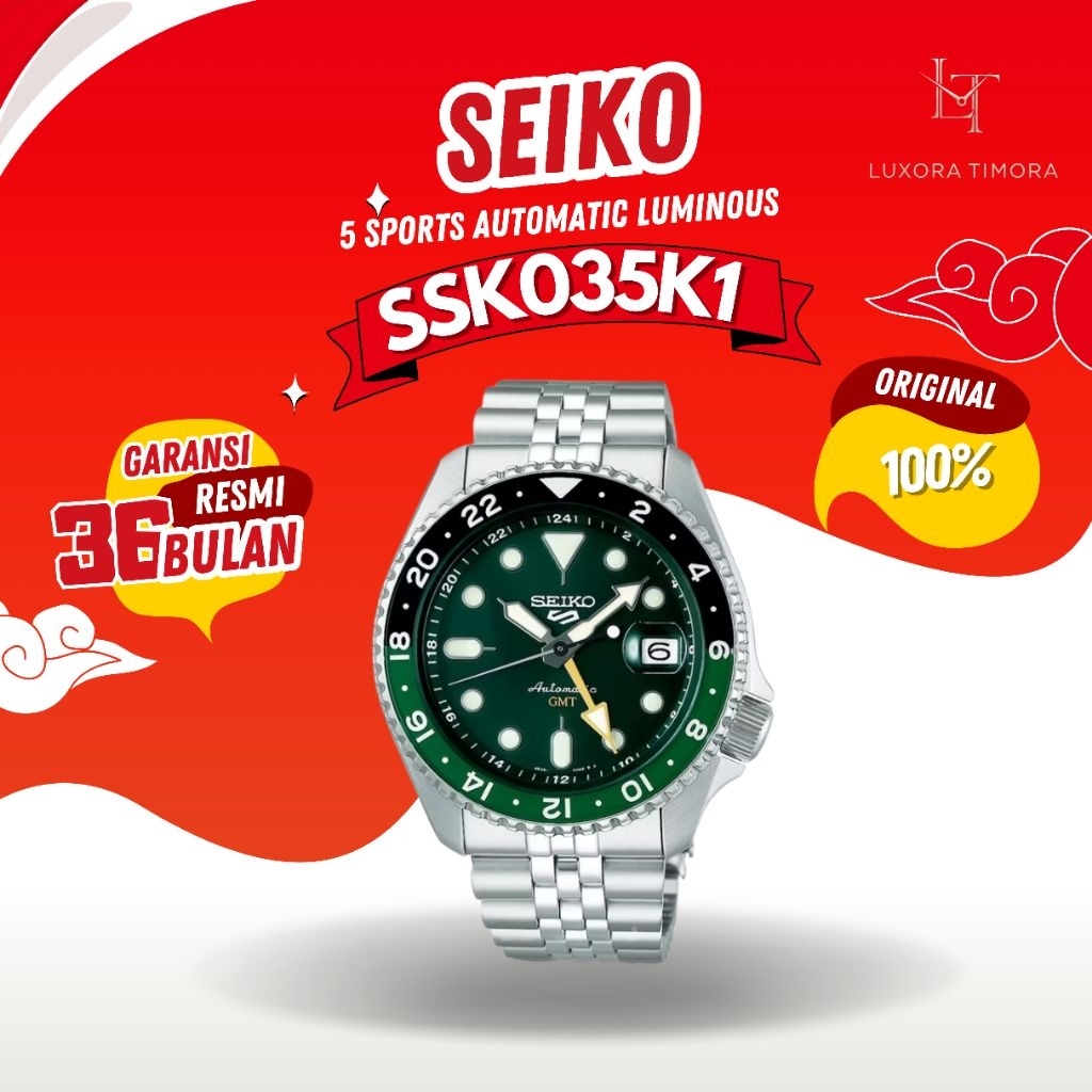 Jam Tangan Seiko 5 Sports SSK035K1 Luminous GMT Black & Green Bezel