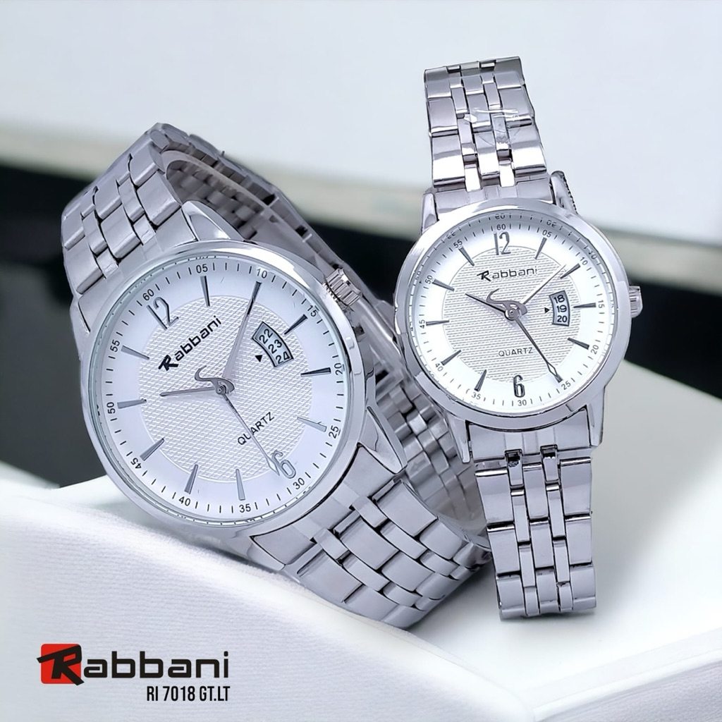 Jam Tangan Couple / Satuan Rabbani Quartz Waterproof Tanggal Aktif Stainless Steel Fashion Pria Wani
