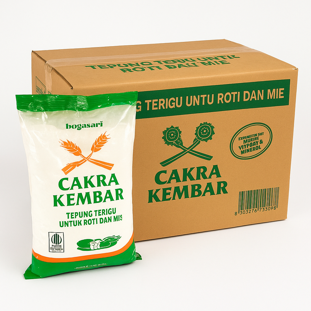 

Tepung Terigu Bogasari Cakra Kembar Protein Tinggi 1 Kg x 12 - 1 dus