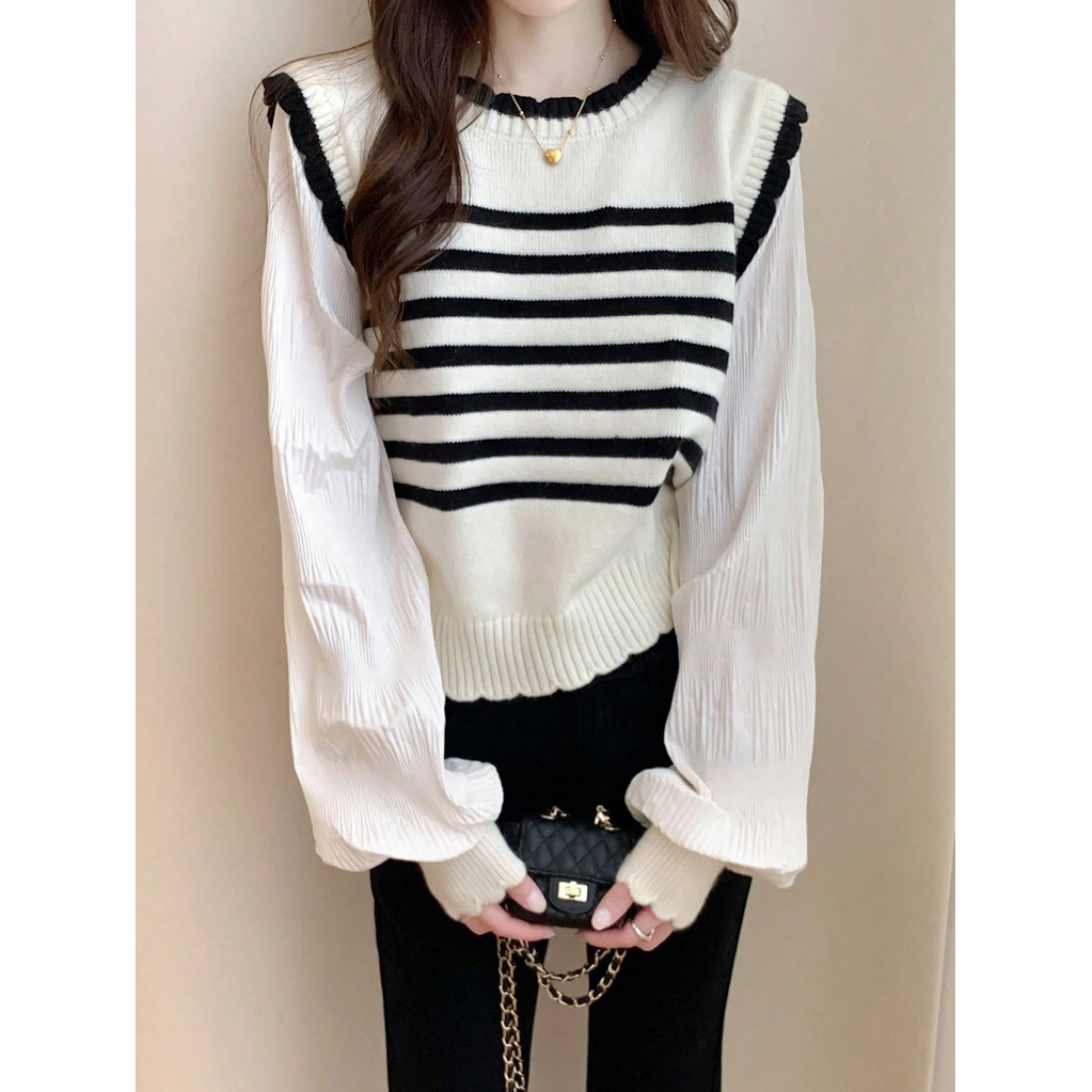 Rajut vest Blouse salur Knit stripes lengan panjang Elene premium import