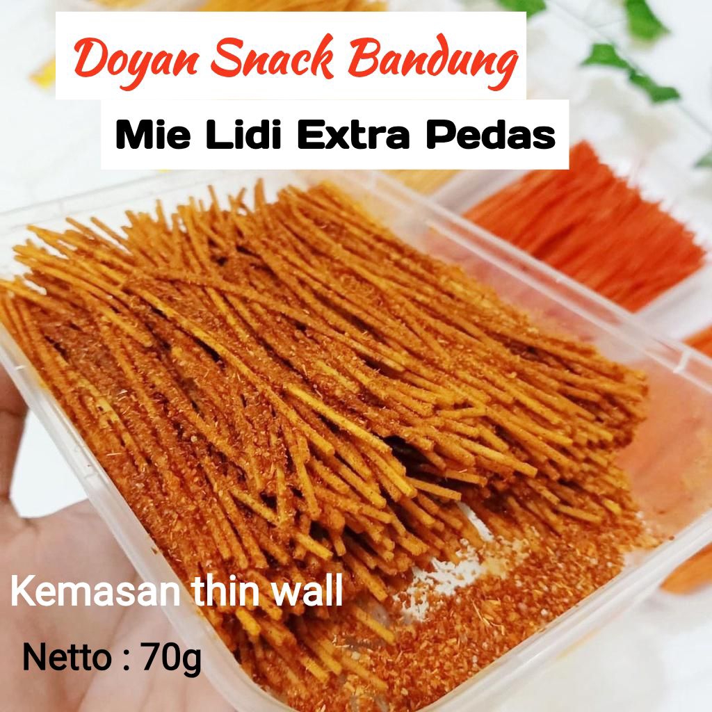 

Mie lidi Extra Pedas Kemasan Box 500ml Doyan Snack Bandung