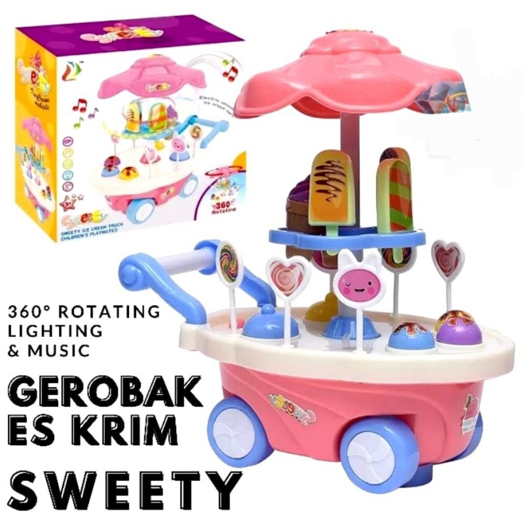 MAINAN ANAK EDUKASI GEROBAK ES KRIM TROLI SWEETY ICE CREAM VEHICLE 360° MUSIK LAMPU 666-3