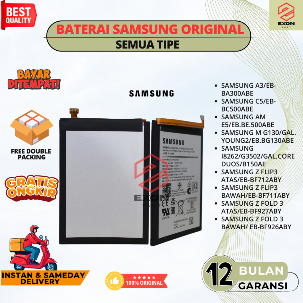 BATERAI SAMSUNG/BATRE HP SAMSUNG A3/C5/AM E5/M G130/GALAXY YOUNG2/I8262/G3502/GAL.CORE DUOS/Z FLIP3 