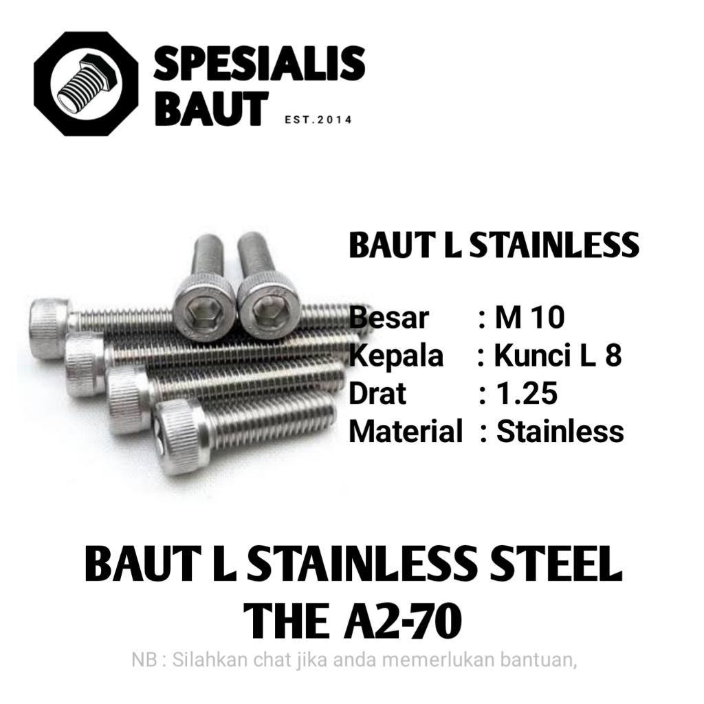 Baut L Stainles M10x50 (5 cm) Drat Halus 1.25 THE 304