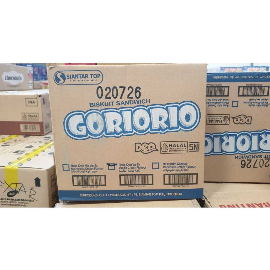 

[1 karton isi 200 sachet] GORIORIO Biskuit Sandwich Dengan Krim Vanila & Cokelat