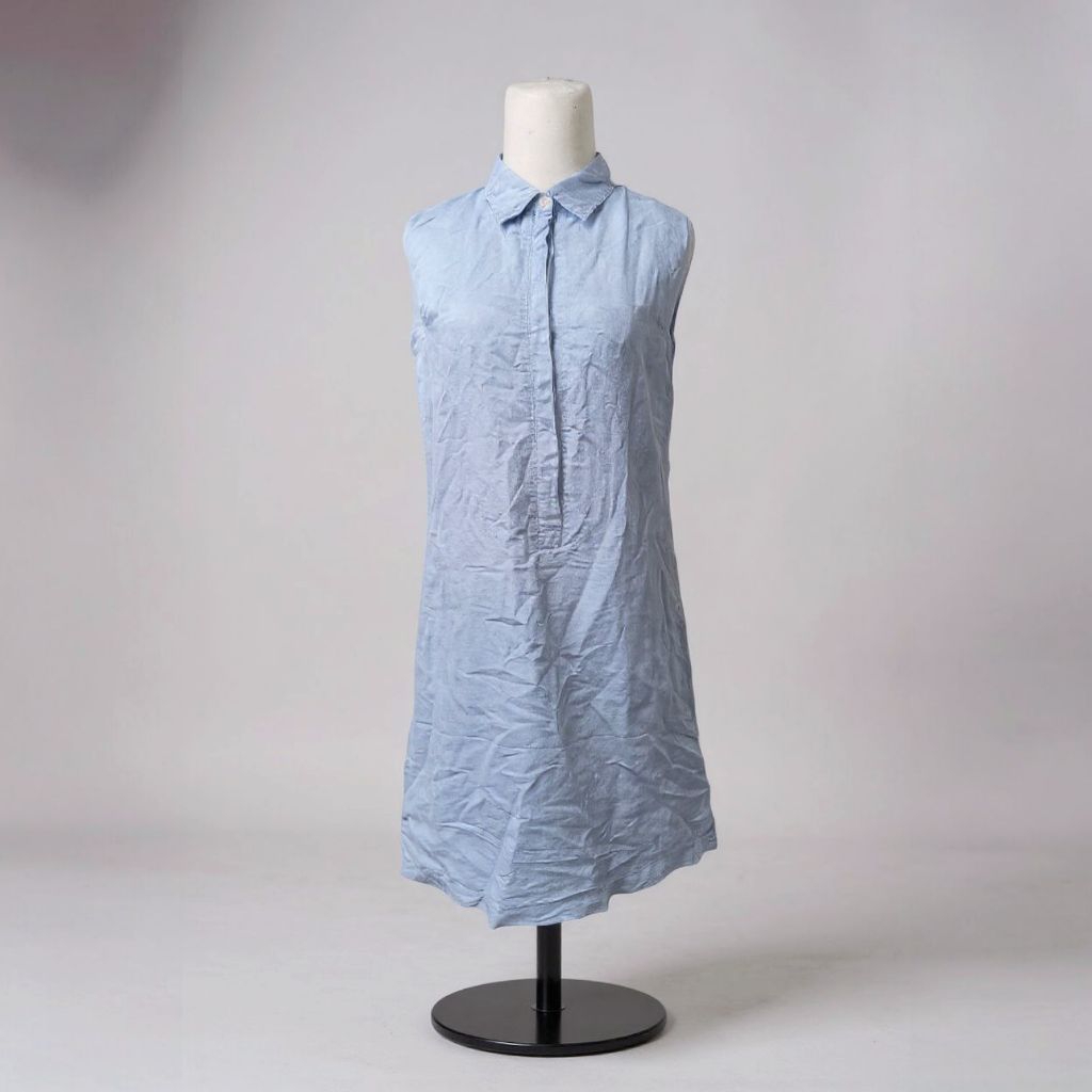 Dress Wanita Casual Korea Style | Dress Lengan Buntung Biru Muda | Mini Dress Kerah Kemeja