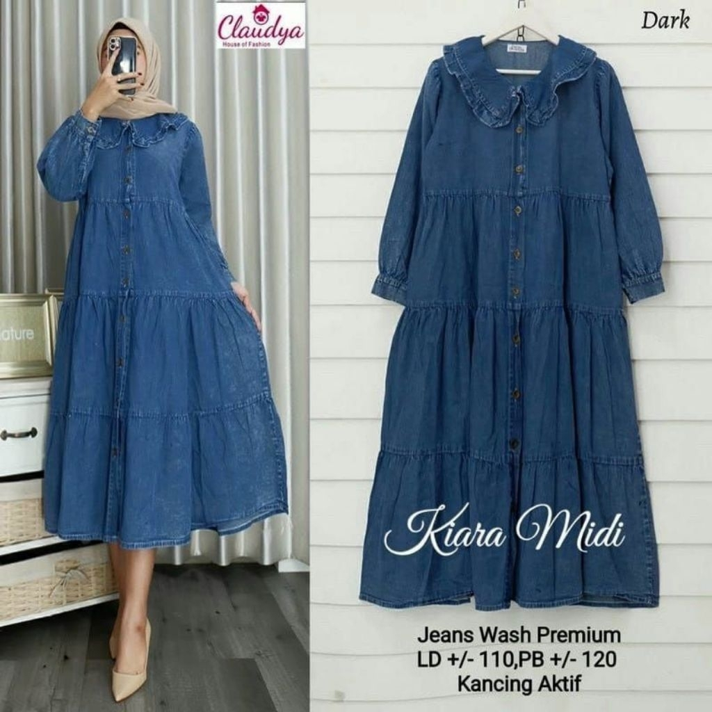 Kiara Gamis Midi Dress Jeans Wanita Dewasa Katun Denim Size Jumbo XL LD 120