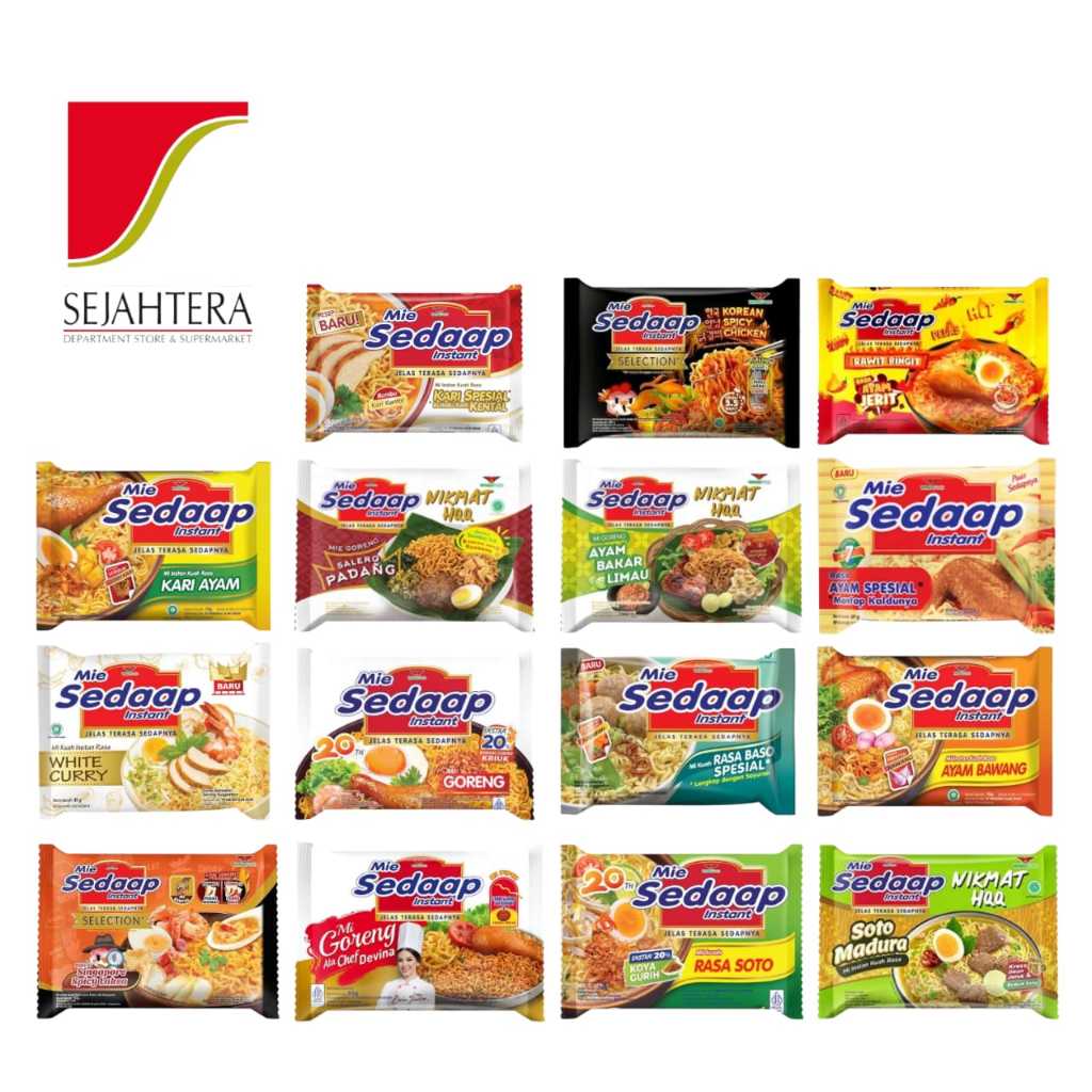 

SEDAAP MIE INSTANT KUAH/GORENG AYAM BAWANG/BAKSO SPESIAL/SOTO/SINGAPORE SIPCY LAKSA/WHITE CURRY MIE GORENG SEDAP / MIE SEDAAP