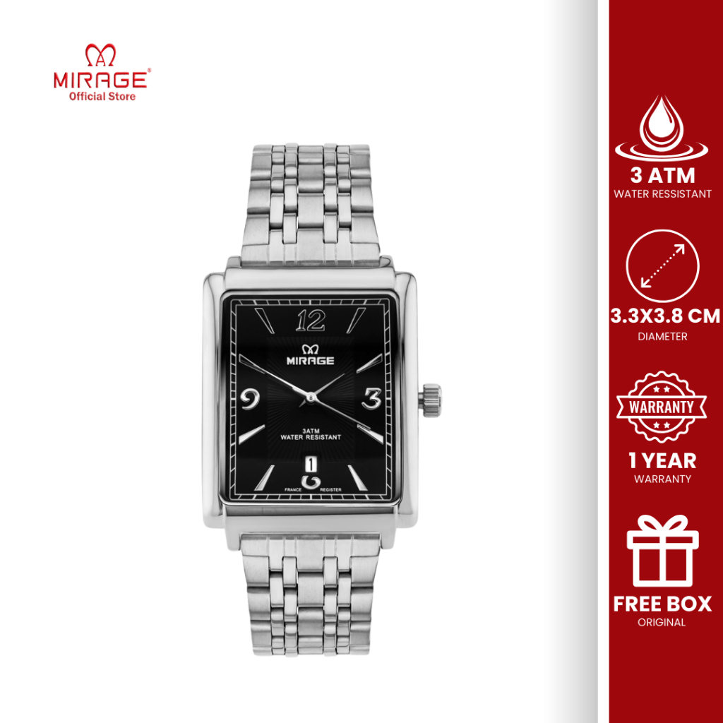 Mirage Jam Tangan Pria Formal Kasual Klasik Segi Stainless Silver Analog Anti Air Bergaransi 8836 M