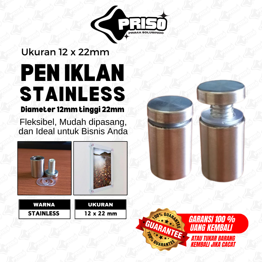 PEN Iklan Baut Iklan Akrilik Kaca Stainless Diameter 12 x 22mm