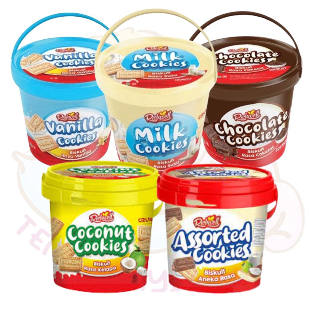 

Richwell Assorted Cookies 400gr Biskuit Crunchy Aneka Rasa Coconut Coklat Milk Vanilla