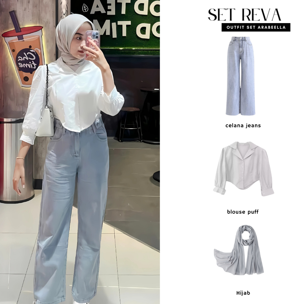 Setelan Wanita Reva / Celana Kulot Jeans / Baju Atasan Blouse Puff / Bella Square / One Set Hangout 