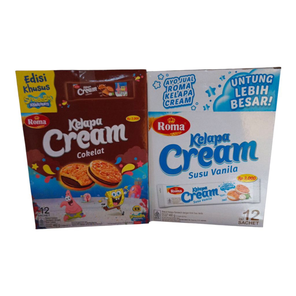 

Roma kelapa cream 1box isi 12 saset biskuit kelapa sandwich susu vanila coklat