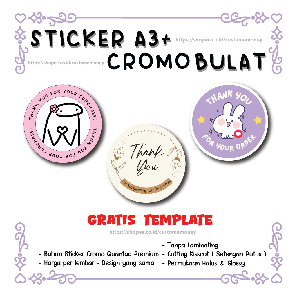

Cetak Stiker Cromo Bulat Logo Label Thank You Usaha Makanan Usaha Chromo A3+ Print Sticker