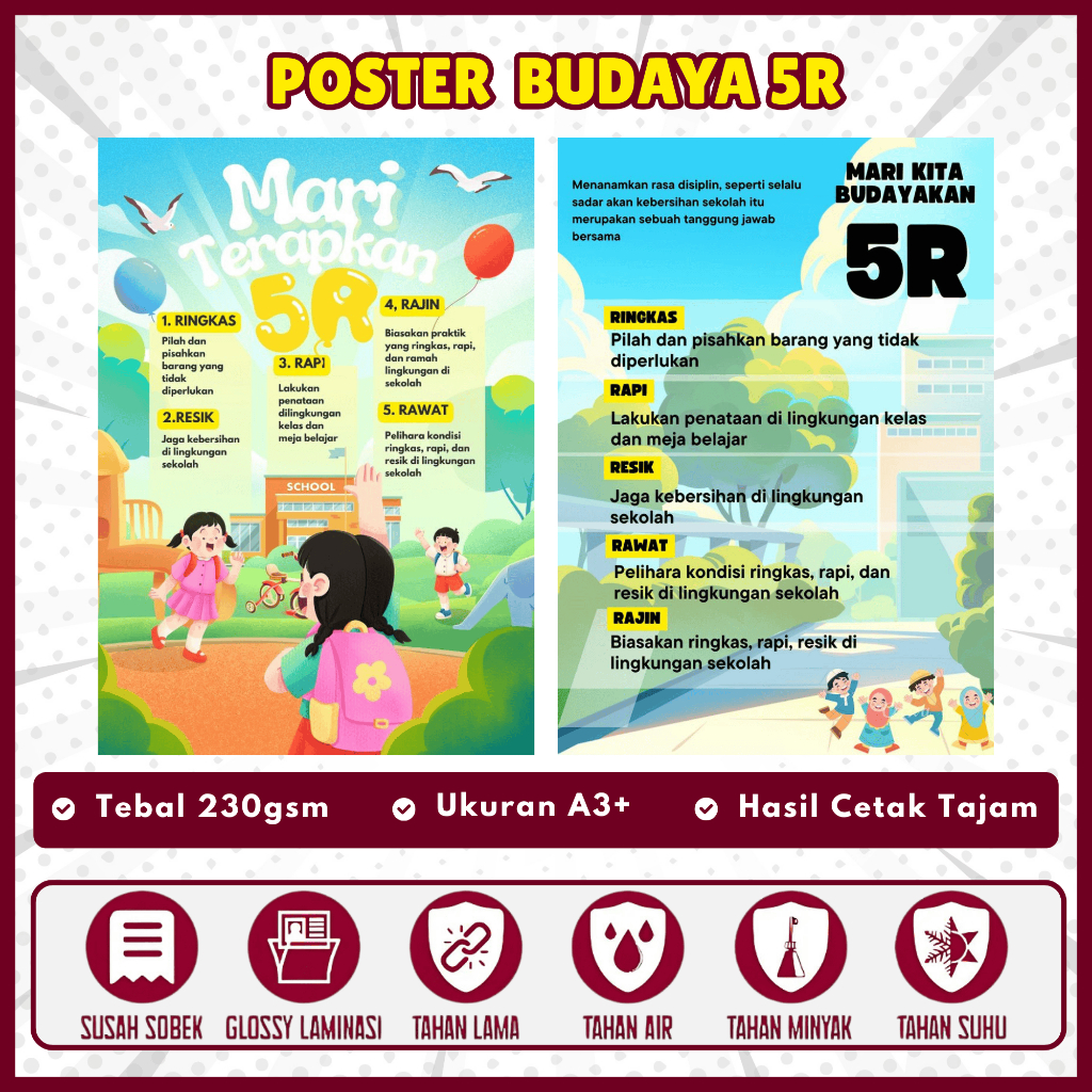 Poster Budaya 5R Sekolah / Kantor – Edukasi Ringkas Rapi Resik Rawat Rajin/ UK. A4, A3+