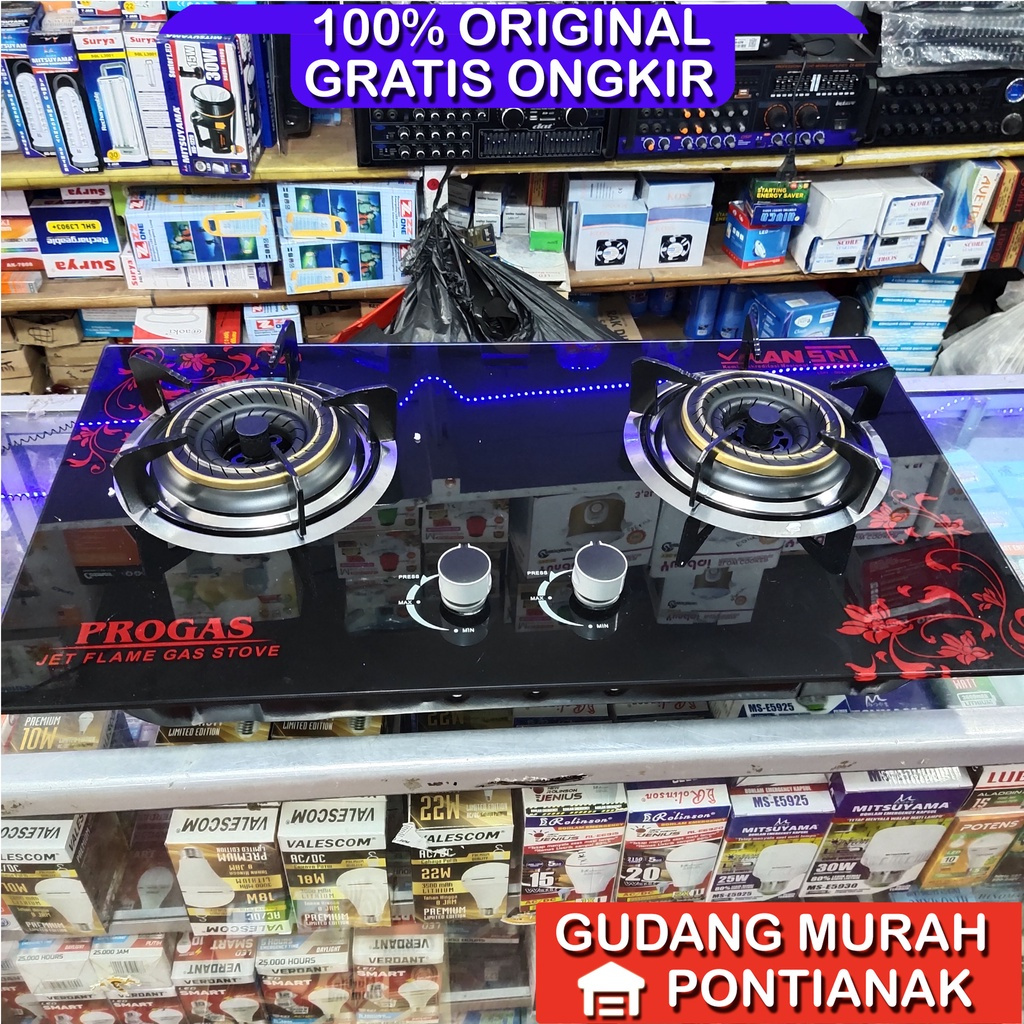 Kompor Gas Tanam Progas 2 Tungku Kaca Tempered Model Elegan Mewah Kilat Glass