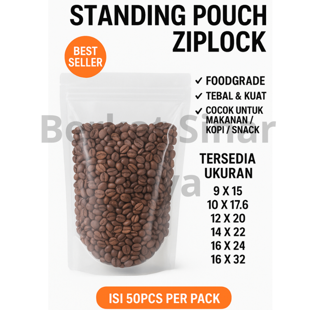 [50 Pcs] Standing Pouch Bening Seal Lebar | Double Seal STP | Plastik Ziplock / Plastik Klip Berdiri