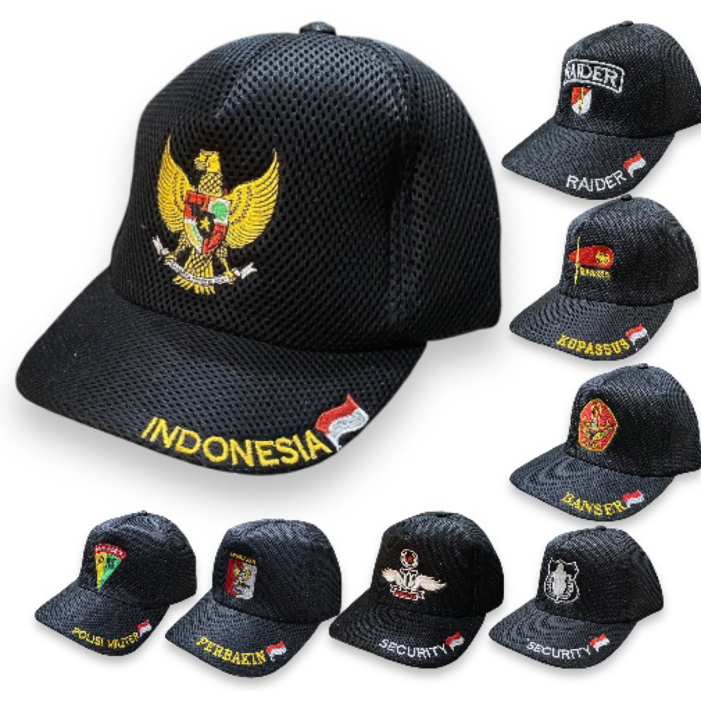 Topi Jaring Double Mess Warna Hitam Bordir Nkri Indonesia Garuda Security Satpam Raiders Sniper