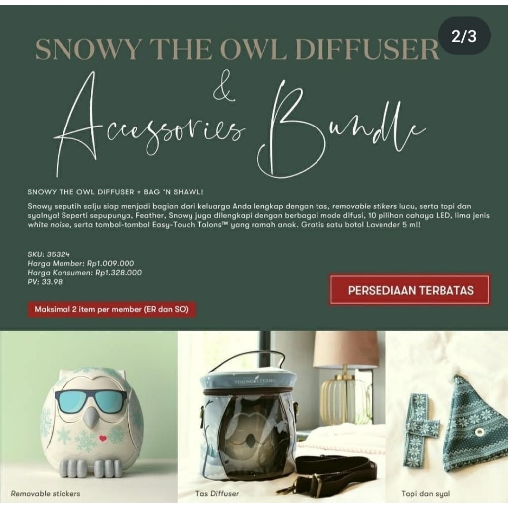 Snowy Owl Disffuser Young Living (Paket Bundling Diffuser + Owl Bag + Accessories) New