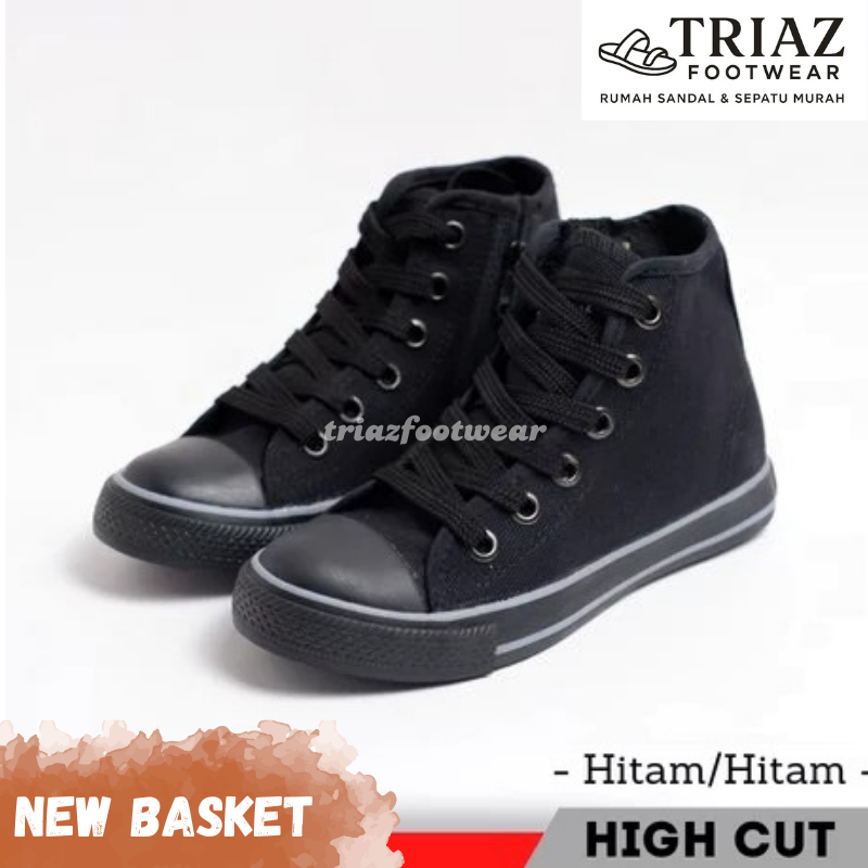 Sepatu Anak Laki Laki Perempuan NEW BASKET Tali Resleting Kanvas | Sepatu Sekolah Anak SD Warna Hita
