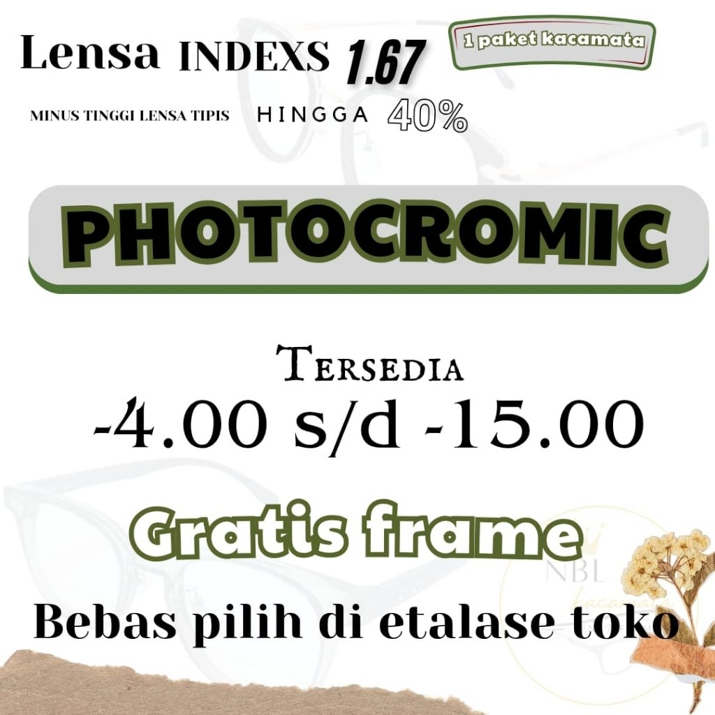 KACAMATA MINUS TINGGI PHOTOCROMIC LENSA TIPIS INDEKS 1.67
