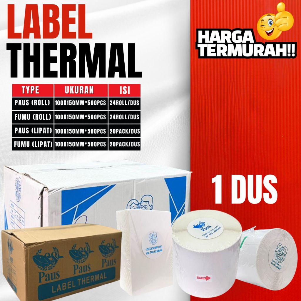 

Thermal Label Sticker 150x100mm PREMIUM | Paus & Fumu | Lipat dan Roll 1 Dus