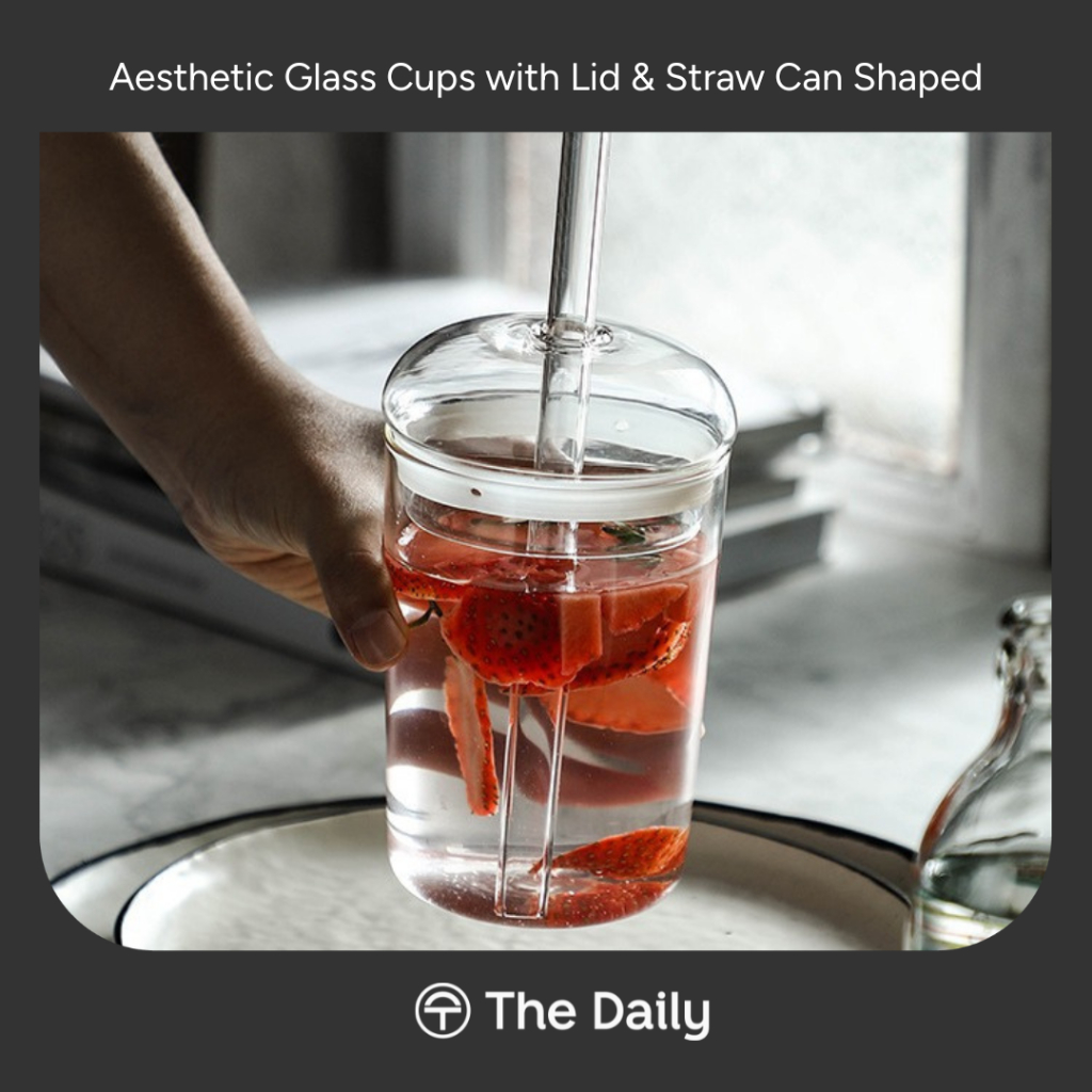 Aesthetic Glass Cups Matcha with Bamboo Lid & Straw Can Shaped - Gelas Kaca Model Kaleng dengan Tutu