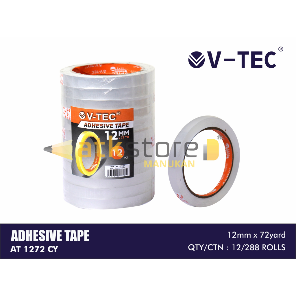 

V-TEC Adhesive Tape 12mm x 72 Yard - Lakban Bening Perekat Serbaguna AT 1272 CY (1 Pack isi 12 Roll)