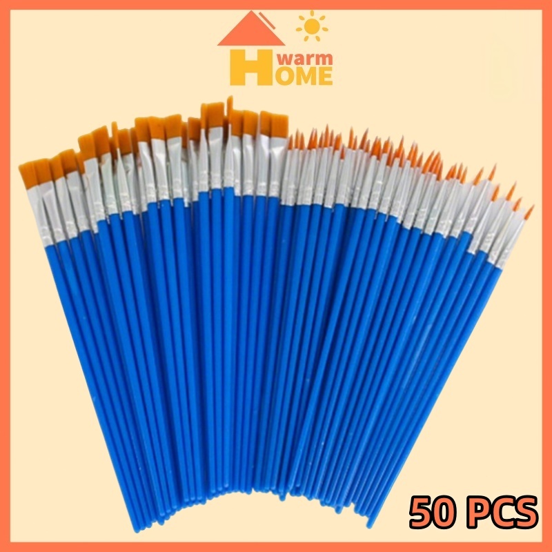 50Pcs Kuas Cat Air Bulat / Datar Kuas Kecantikan Set Kuas Cat Minyak
