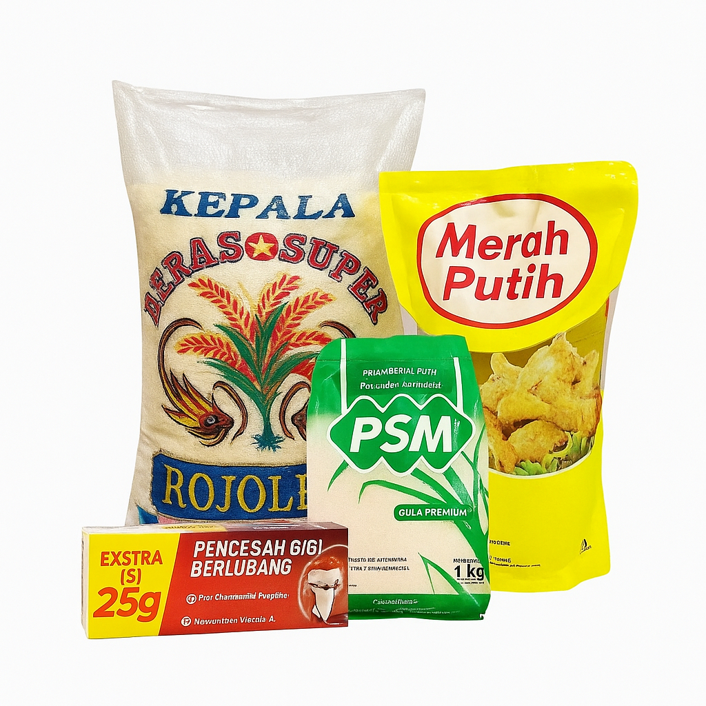

Paket Ekonomis Sembako Beras Rojolele 5lt, Minyak Merah Putih 0.9L, Gula 1kg, Pasta Gigi Pepsodent 225gr Ekstra 25Gram