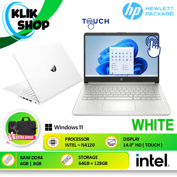 Laptop HP 14 Intel Celeron N4120 8GB RAM 128GB Touchscreen Windows 11 – White