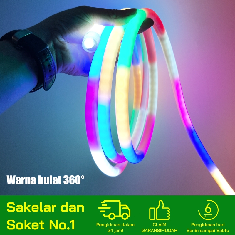 Lampu Strip Enam Warna Lampu LED Neon Bercahaya 360° 220V Lampu Hias RGB Luar Ruangan Berkedip