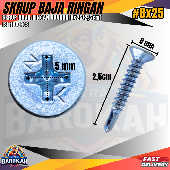 PAKET ISI 100 PCS Skrup Baja Ringan 2.5cm / Sekrup Baja Ringan 8x25 / Self Drilling Screw Skrup Baja
