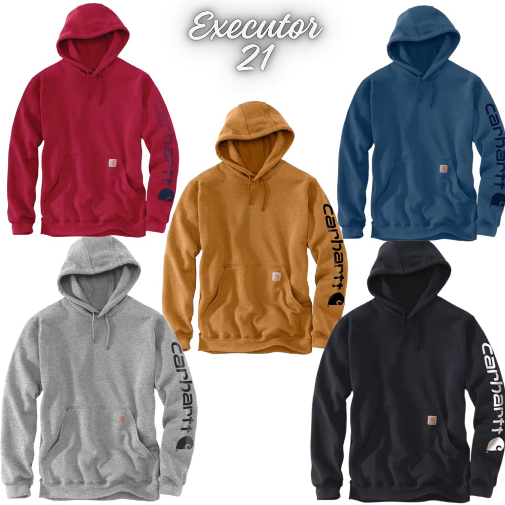 Hoodie Sweater Carhartt Loose Fit Unisex Logo Sleeve Spell Out Hitam Coklat Merah Navy Abu Katun Fle