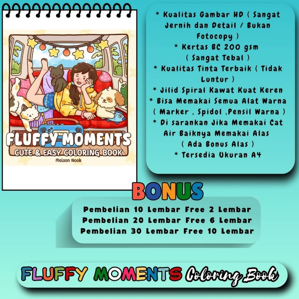 

FLUFFY MOMENTS Cute And Easy Coloring Book Buku Mewarnai Untuk Anak SD Remaja Dewasa Gambar HD Jelas Jernih Kertas 200 gsm Tebal