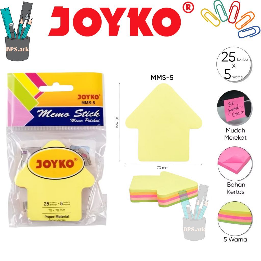 

(125 LEMBAR) JOYKO Memo Stick / Sticky Notes MMS-5 Bentuk Panah Memo Tempel 5 Warna 70x70mm