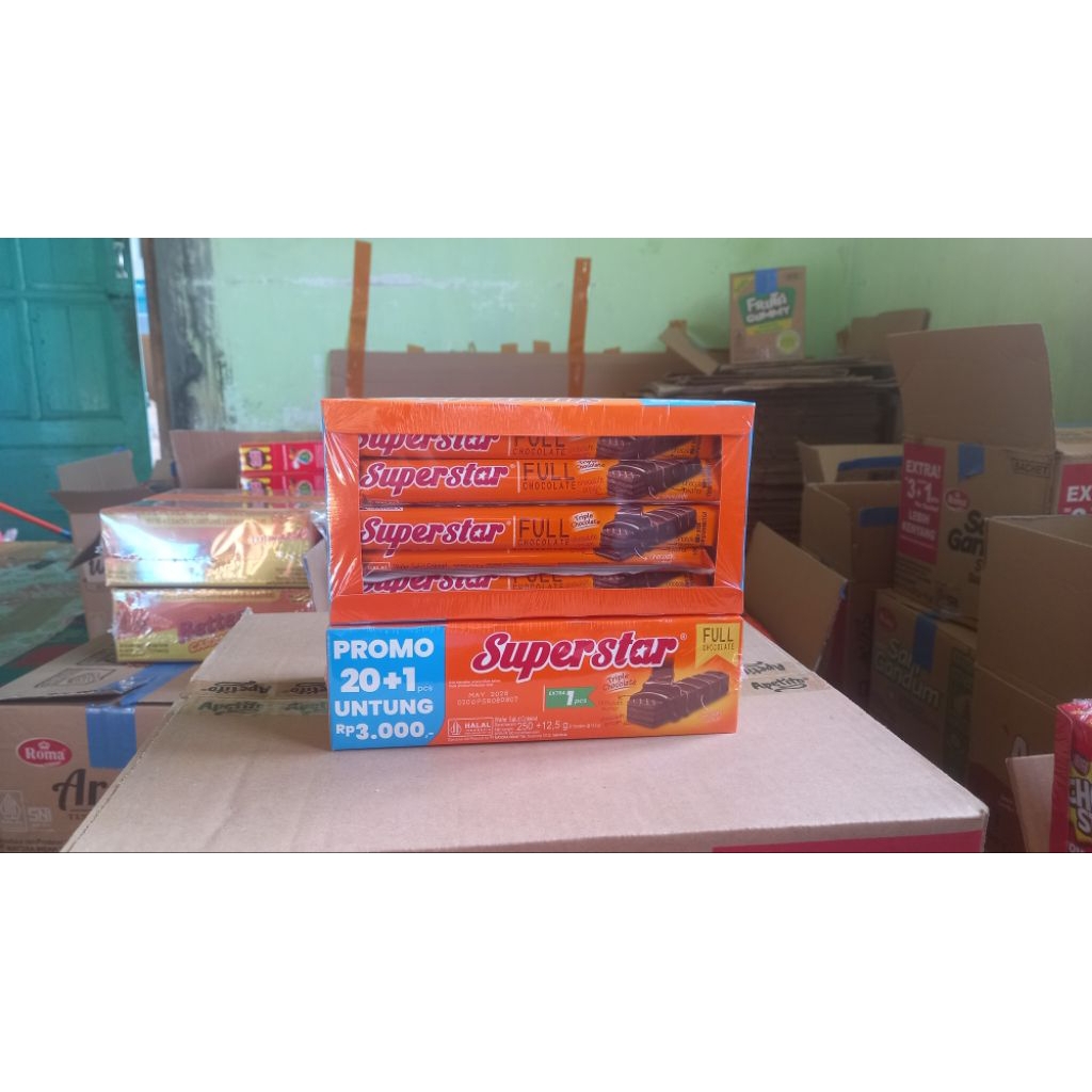 

Wafer Coklat Superstar ( isi 20pcs + bonus 1pcs @ 12,5gram )