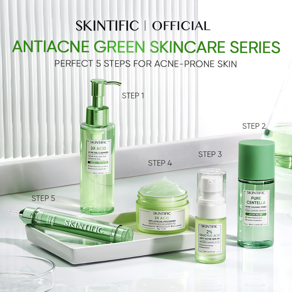 SKINTIFIC - Green Series Anti Acne Set | 5-in-1 Bundle Merawat Jerawat Paket 3X Acid Cleanser 2% Sal