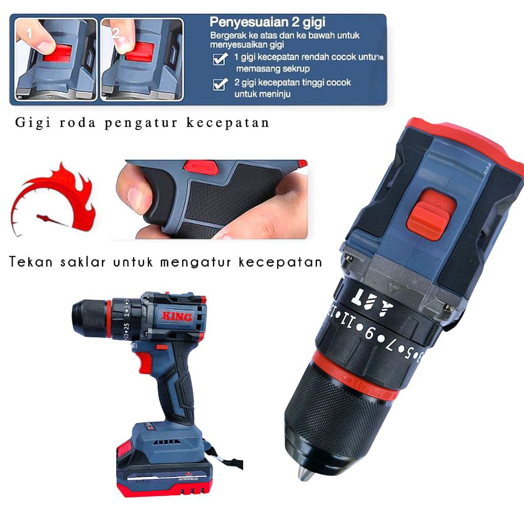 BOR BATERAI 42 VF KING BOR CORDLESS BOR IMPACT DRILL FULLSET KOPER