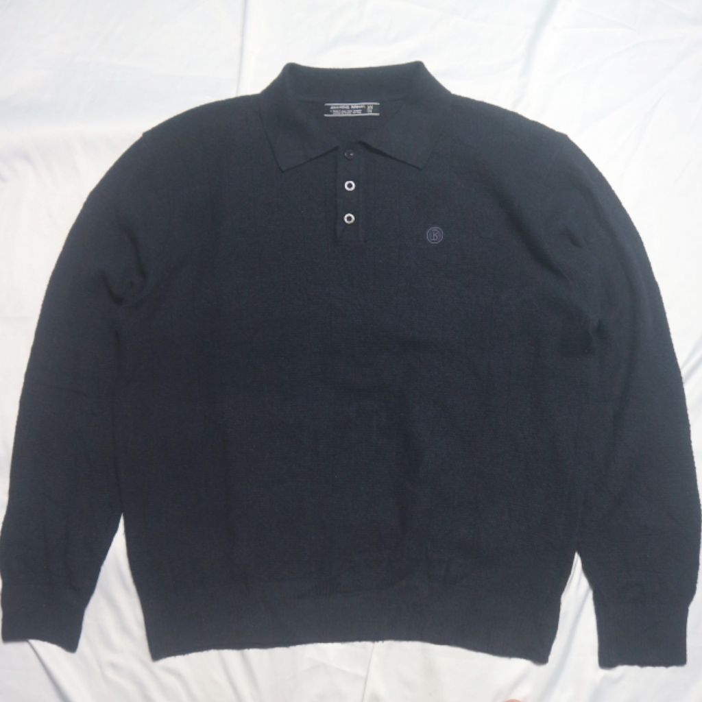 JMB JEAN MICHEL BASQUIAT Navy patch B Textured  Half Button Long Polo Shirt Lengan Panjang  Knitwear