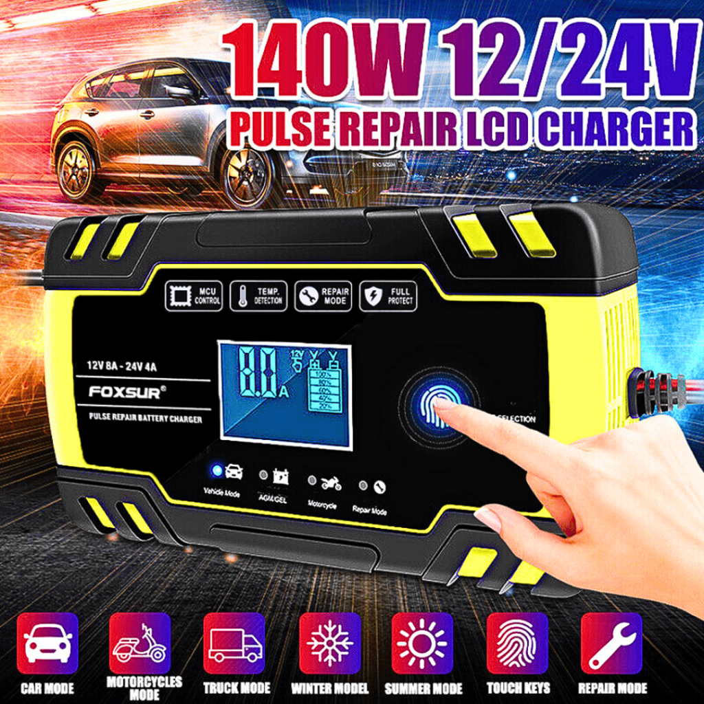 MALL FOXSUR Casan Cas Charger Aki Mobil motor 12 volt dan 24 volt 8 Ampere otomatis kering basah
