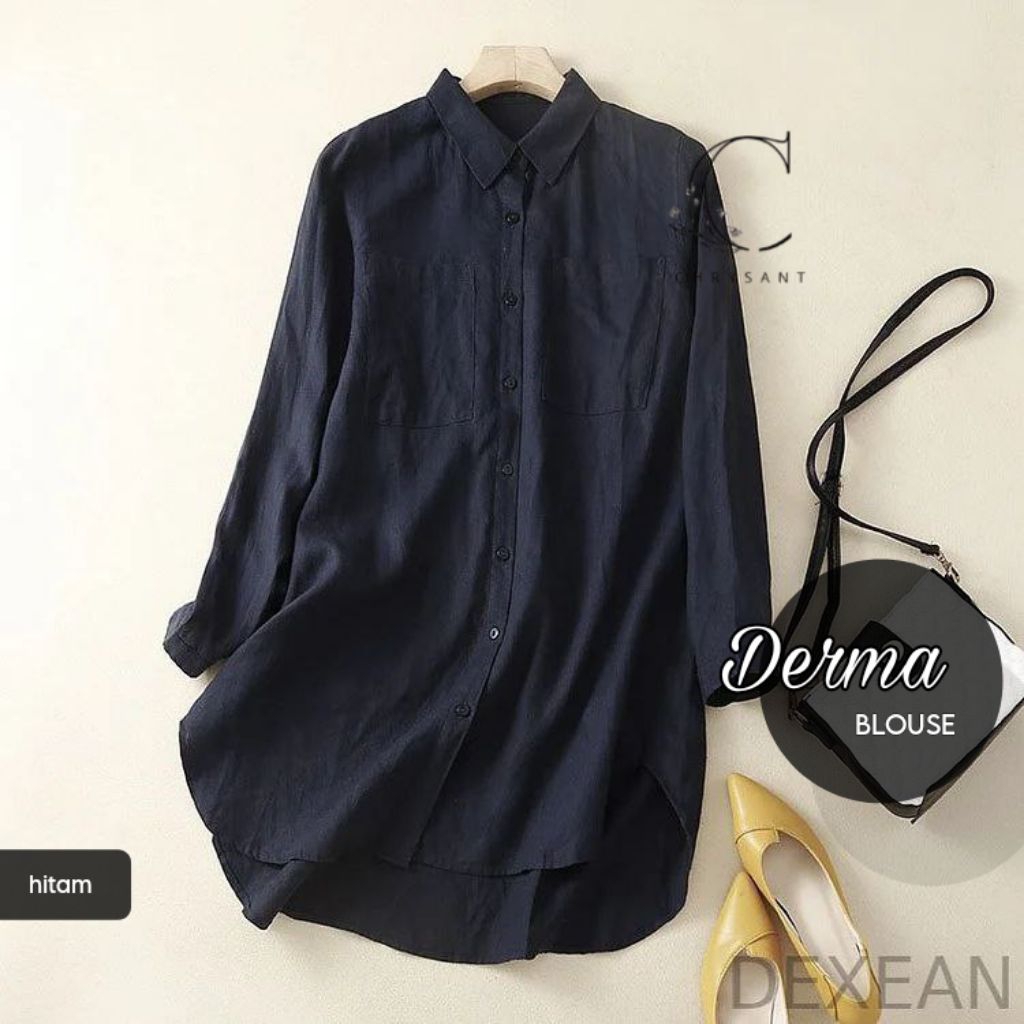 Derma Tunik Polos Katun Linen Kancing Depan | Kemeja Wanita Polos Tunik Katun Iinen