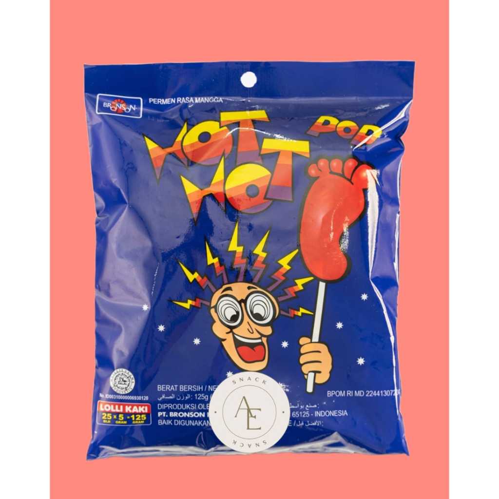

PT Bronson Hot Hot Pop Permen lollipop kaki rasa mangga kemasan kantong isi 25 pcs X 5 gram
