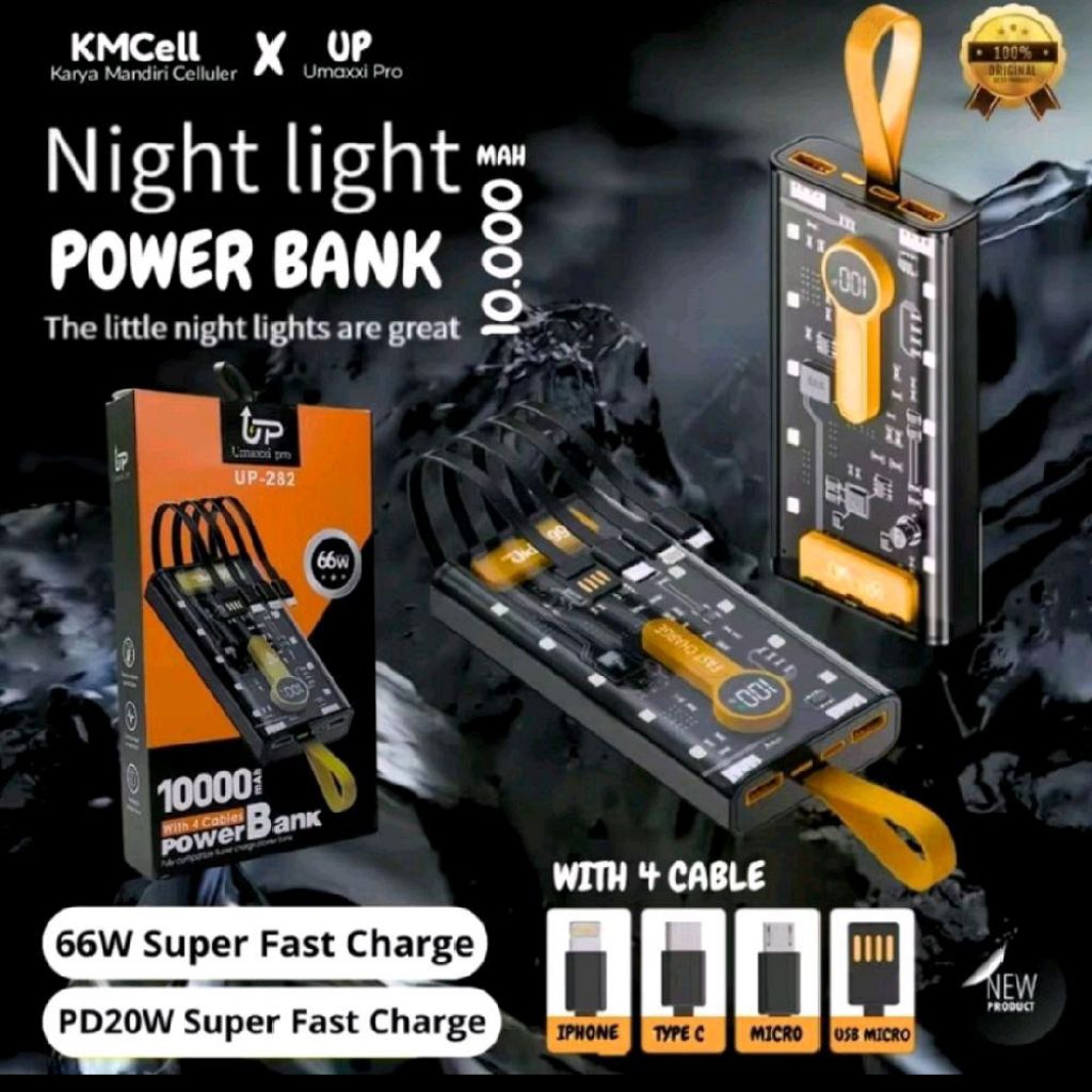 Umaxxi pro Power Bank Smartphone 10000mAh dengan 4 Kabel Pengisi Daya Portabel 10000 Mah 4 Cable