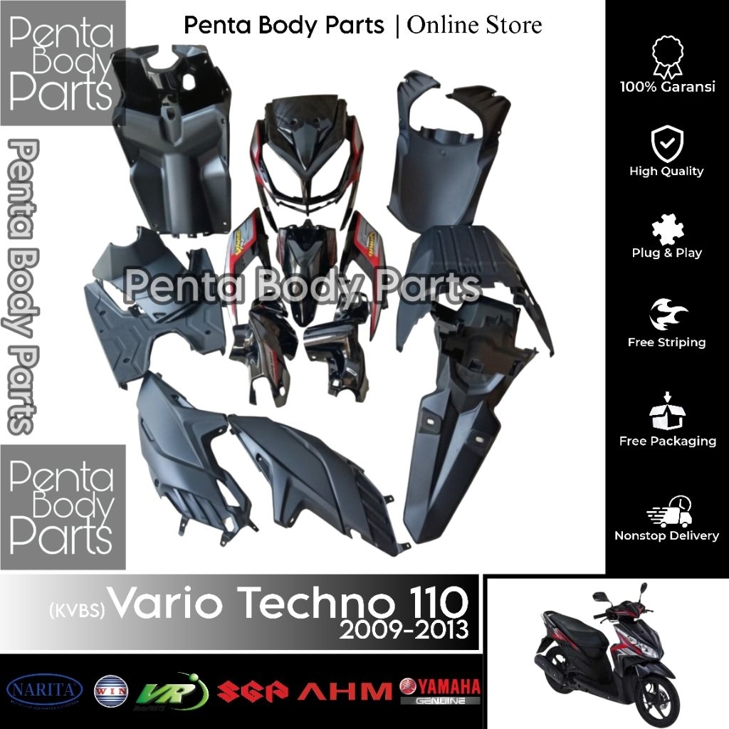 Full Set Cover Body Halus Hitam Vario Techno 110 (KVBS) - Ful Set Bodi Kasar, Lampu Honda Vario CBS 