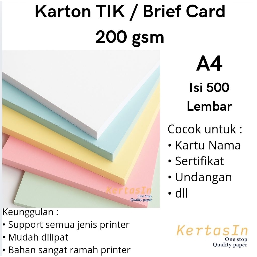 

Karton TIK / Brief Card 200 gsm A4 Isi 500 Lembar / 1 Rim Warna Pastel – Karton Manila / Brief Card Tebal - Cocok Untuk Cover, Undangan, Sertifikat dan Kartu Nama.