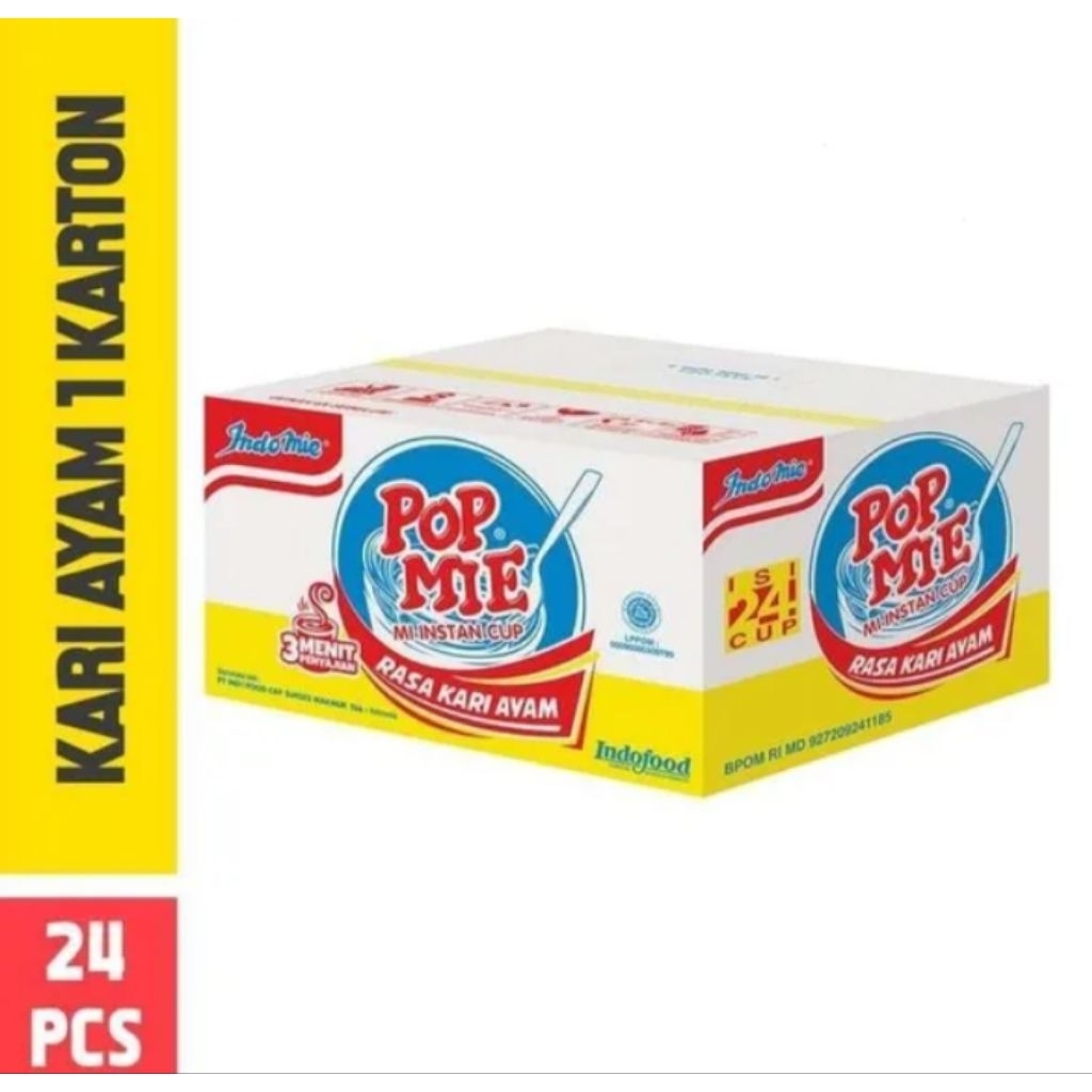 

Pop Mie Kuah Rasa Kari Ayam / Ayam Bawang / Soto Ayam / Baso 75 gram [ 1 Dus Isi 24 Pcs ]
