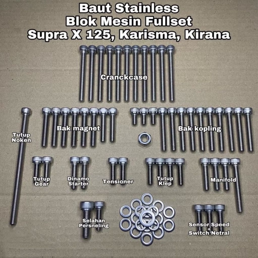 BAUT L BLOK MESIN SUPRA X 125 KARISMA KIRANA Baut stainless anti karat 100% stainless