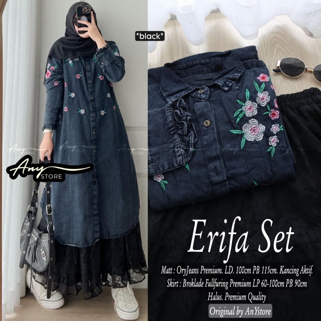 100% ORI Erifa set - Ferza set tunik by any - Setelan tunik jeans wanita mix rok plisket